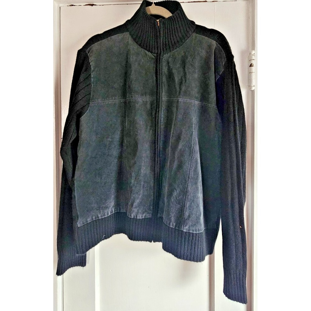 ROBERT LOUIS men Sz‎ L grey suede leather front back black sweater full zip